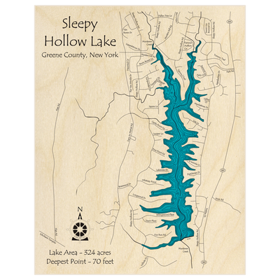 Bathymetric topo map of Sleepy Hollow Lake with roads, towns and depths noted in blue water