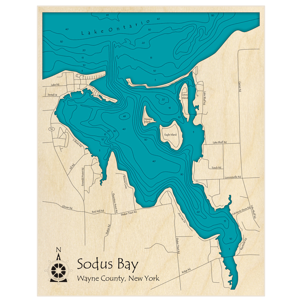 Bathymetric topo map of Sodus Bay with roads, towns and depths noted in blue water