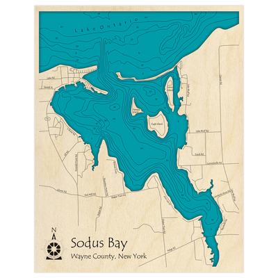 Bathymetric topo map of Sodus Bay with roads, towns and depths noted in blue water