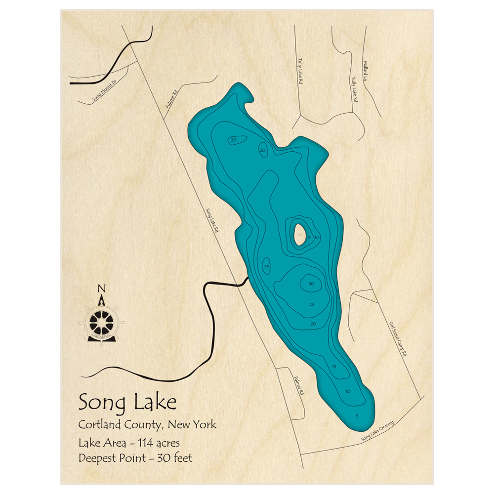 Bathymetric topo map of Song Lake with roads, towns and depths noted in blue water