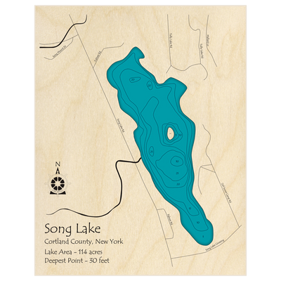 Bathymetric topo map of Song Lake with roads, towns and depths noted in blue water