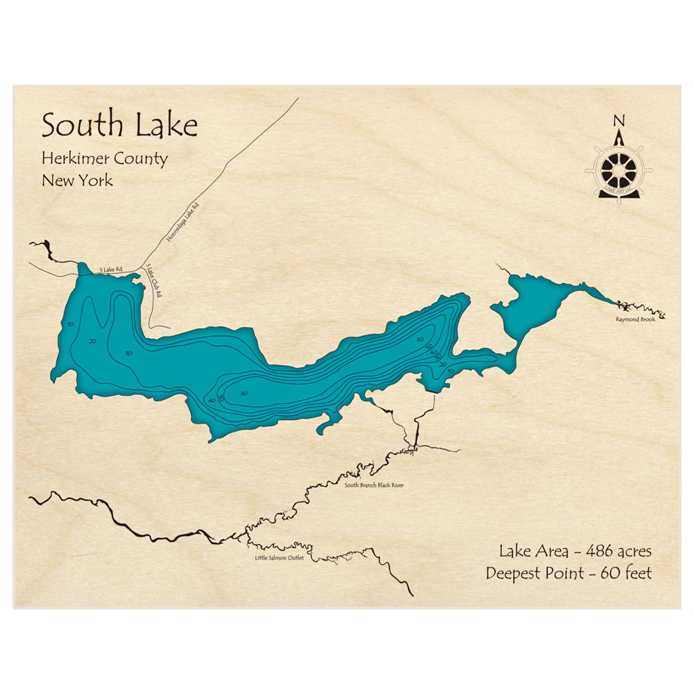 Bathymetric topo map of South Lake with roads, towns and depths noted in blue water