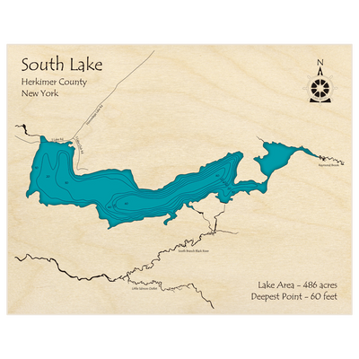 Bathymetric topo map of South Lake with roads, towns and depths noted in blue water