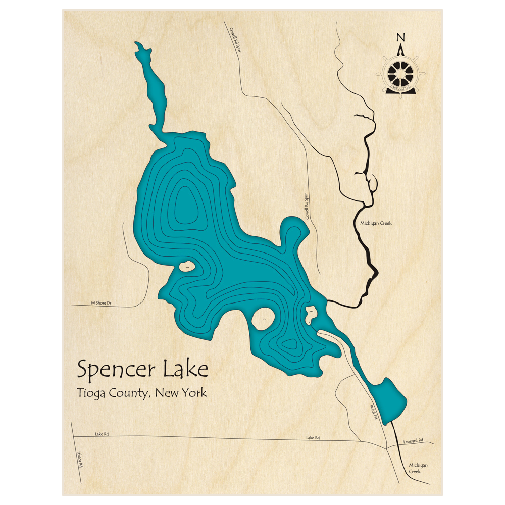 Bathymetric topo map of Spencer Lake  with roads, towns and depths noted in blue water