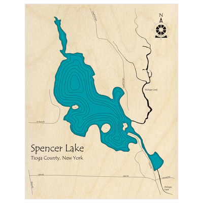 Bathymetric topo map of Spencer Lake  with roads, towns and depths noted in blue water