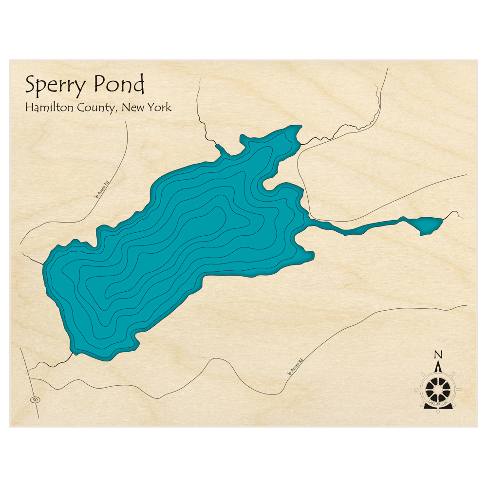 Bathymetric topo map of Sperry Pond  with roads, towns and depths noted in blue water