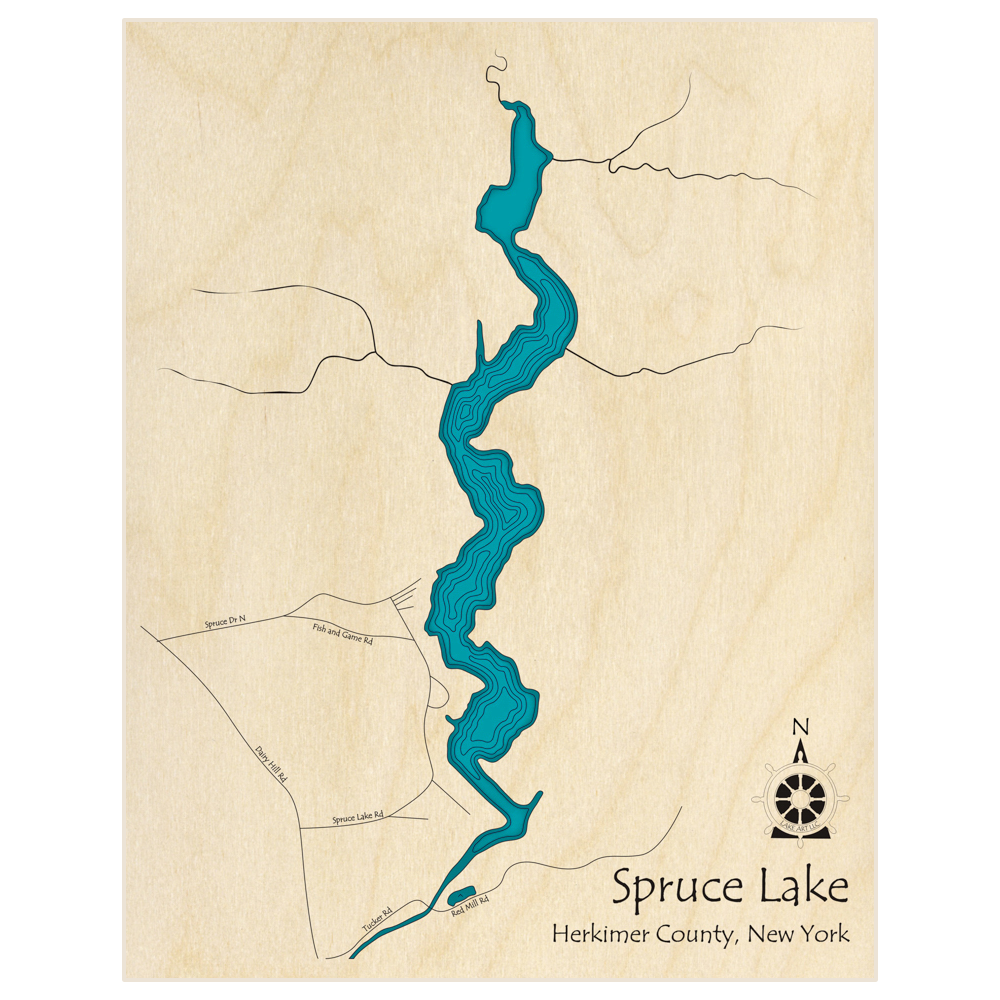 Bathymetric topo map of Spruce Lake  with roads, towns and depths noted in blue water