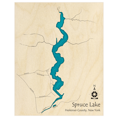 Bathymetric topo map of Spruce Lake  with roads, towns and depths noted in blue water