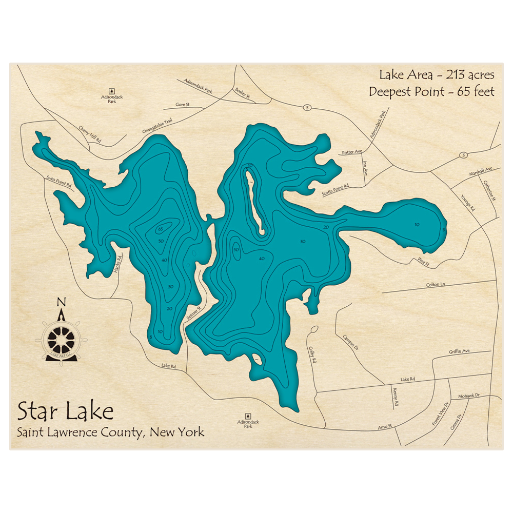 Bathymetric topo map of Star Lake with roads, towns and depths noted in blue water