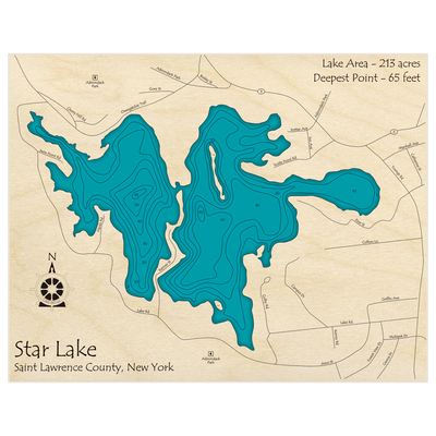 Bathymetric topo map of Star Lake with roads, towns and depths noted in blue water