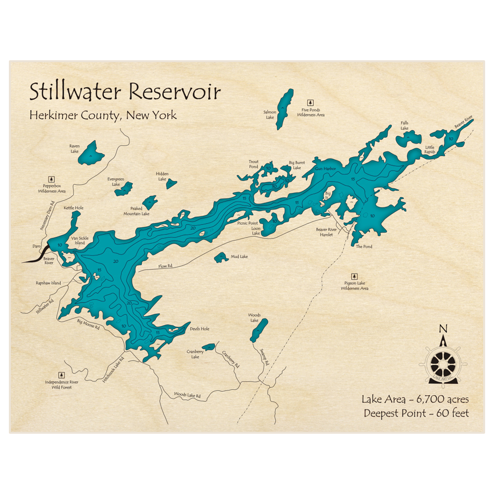 Bathymetric topo map of Stillwater Reservoir with roads, towns and depths noted in blue water