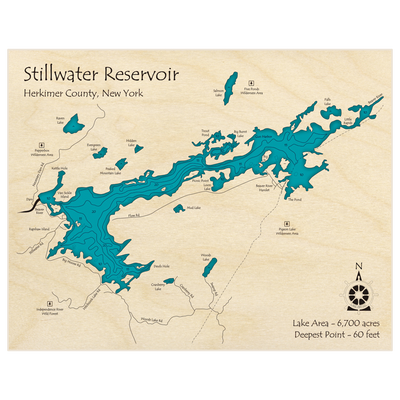 Bathymetric topo map of Stillwater Reservoir with roads, towns and depths noted in blue water