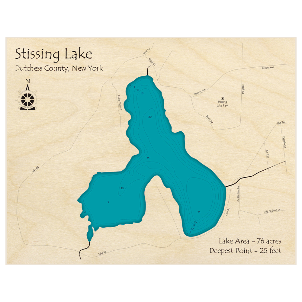 Bathymetric topo map of Stissing Lake with roads, towns and depths noted in blue water