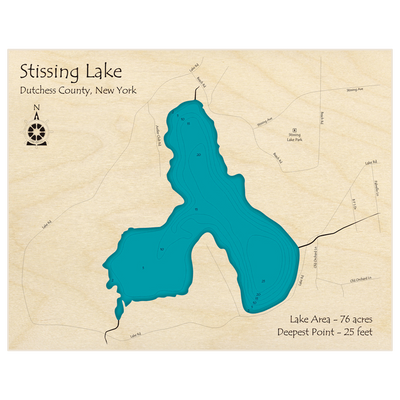 Bathymetric topo map of Stissing Lake with roads, towns and depths noted in blue water