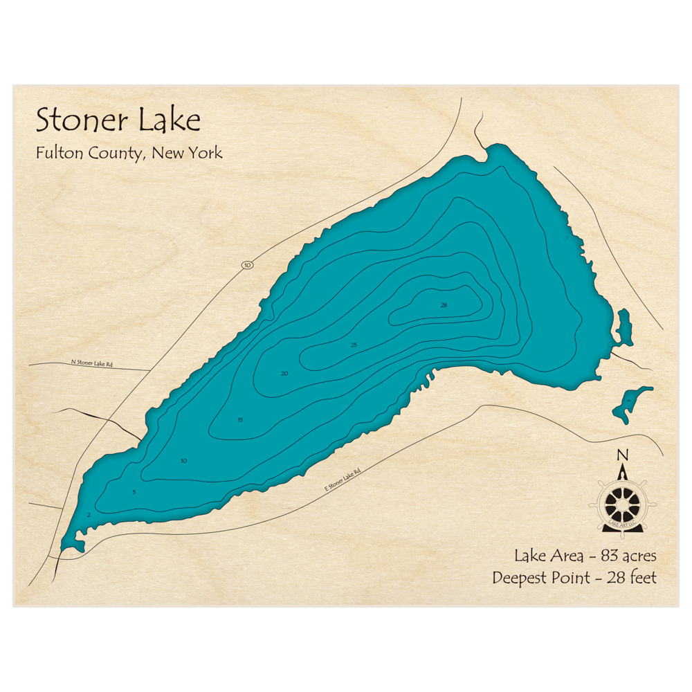 Bathymetric topo map of Stoner Lake with roads, towns and depths noted in blue water