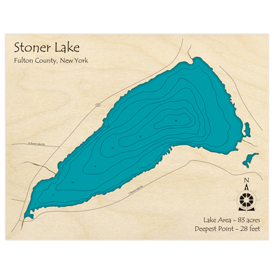 Bathymetric topo map of Stoner Lake with roads, towns and depths noted in blue water