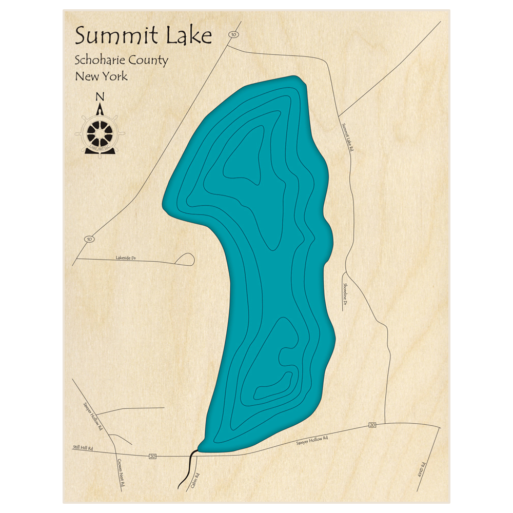 Bathymetric topo map of Summit Lake  with roads, towns and depths noted in blue water