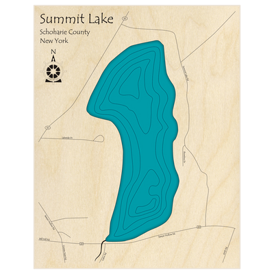 Bathymetric topo map of Summit Lake  with roads, towns and depths noted in blue water