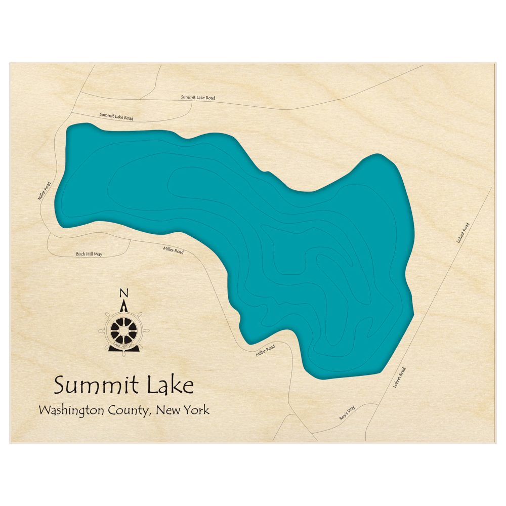 Bathymetric topo map of Summit Lake  with roads, towns and depths noted in blue water