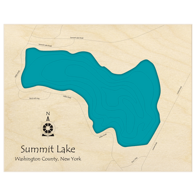 Bathymetric topo map of Summit Lake  with roads, towns and depths noted in blue water