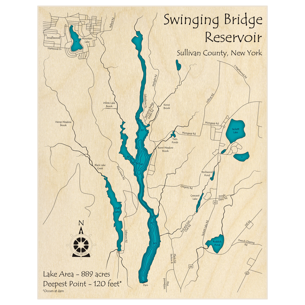 Bathymetric topo map of Swinging Bridge Reservoir with roads, towns and depths noted in blue water