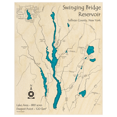 Bathymetric topo map of Swinging Bridge Reservoir with roads, towns and depths noted in blue water