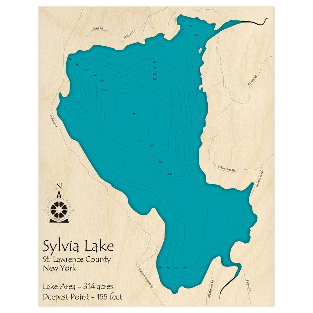 Bathymetric topo map of Sylvia Lake with roads, towns and depths noted in blue water