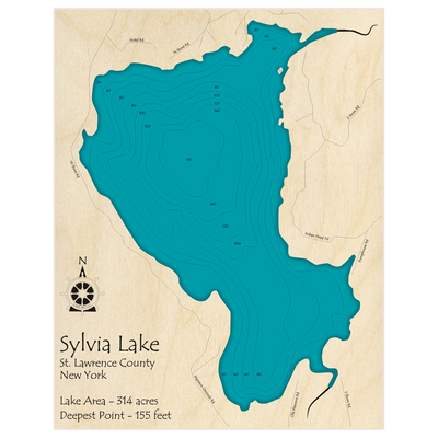 Bathymetric topo map of Sylvia Lake with roads, towns and depths noted in blue water