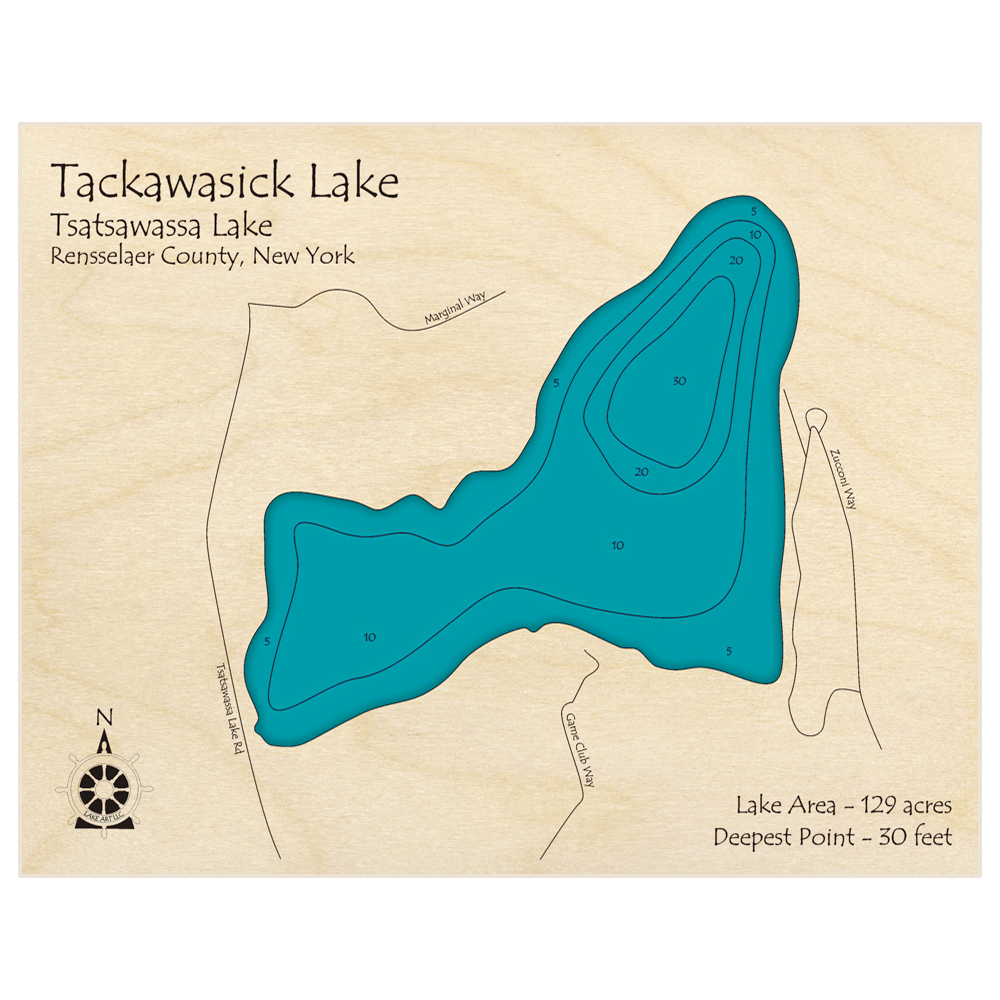 Bathymetric topo map of Tackawasick Lake with roads, towns and depths noted in blue water