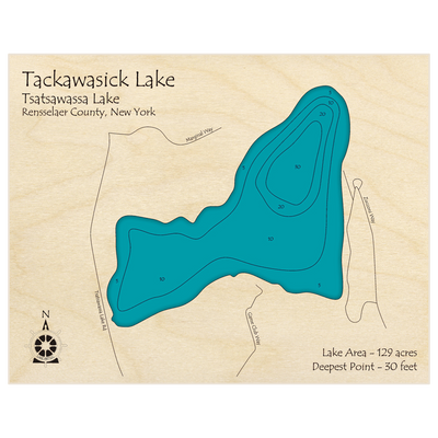 Bathymetric topo map of Tackawasick Lake with roads, towns and depths noted in blue water