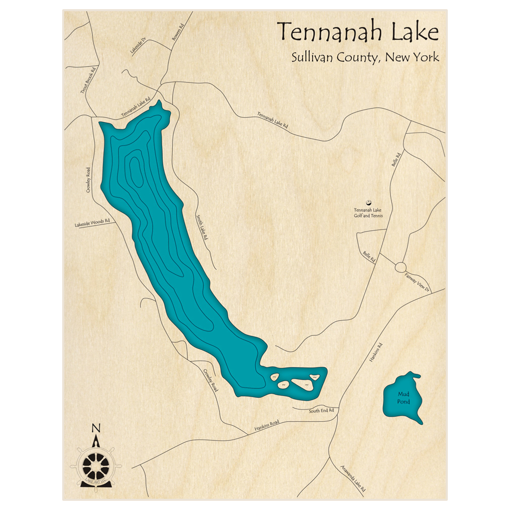 Bathymetric topo map of Tennanah Lake  with roads, towns and depths noted in blue water