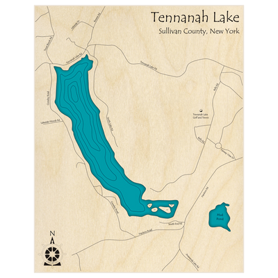 Bathymetric topo map of Tennanah Lake  with roads, towns and depths noted in blue water