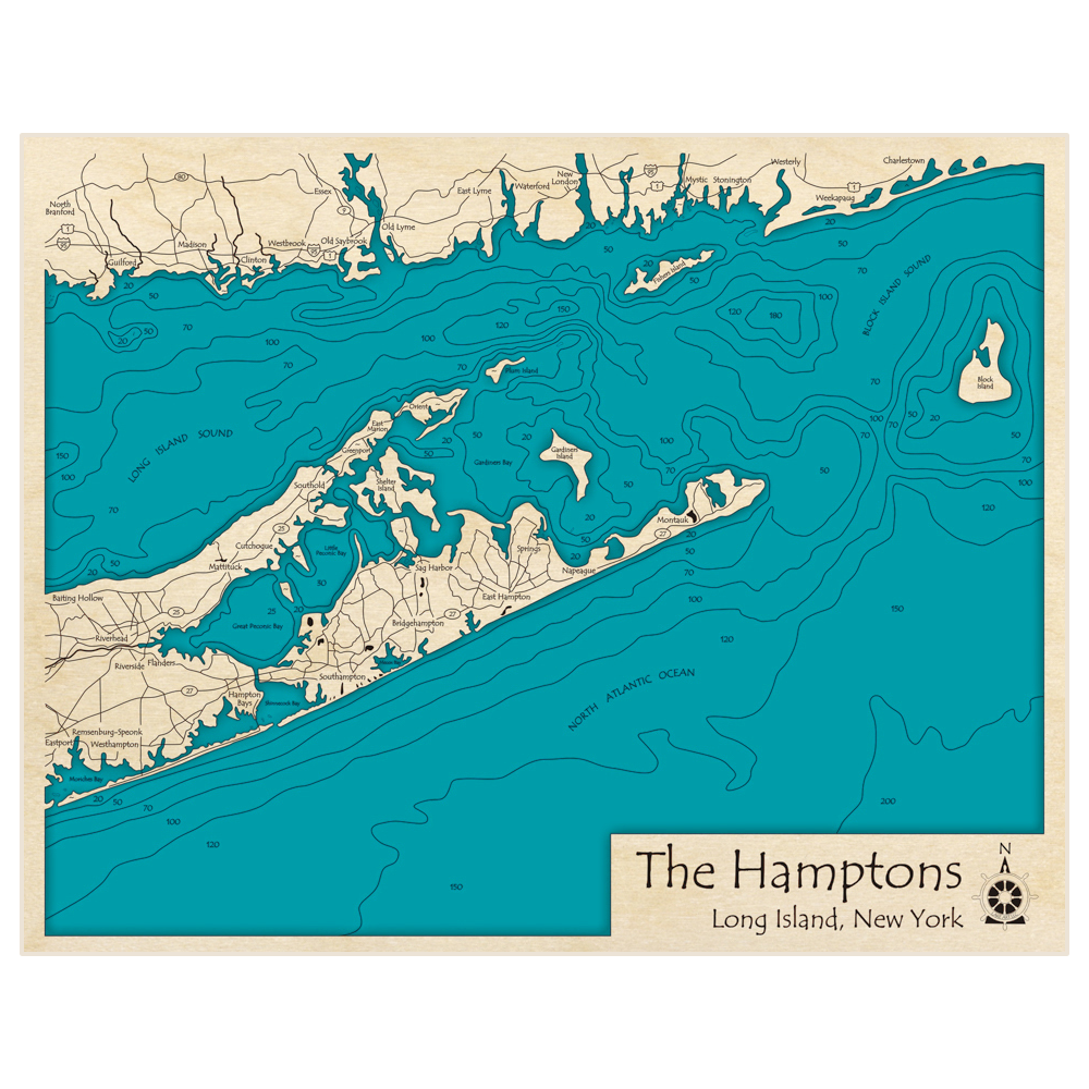 Bathymetric topo map of The Hamptons with roads, towns and depths noted in blue water