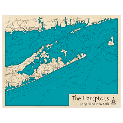 Bathymetric topo map of The Hamptons with roads, towns and depths noted in blue water