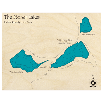 Bathymetric topo map of The Stoner Lakes with roads, towns and depths noted in blue water