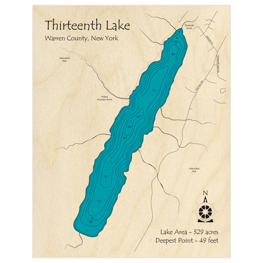 Bathymetric topo map of Thirteenth Lake with roads, towns and depths noted in blue water