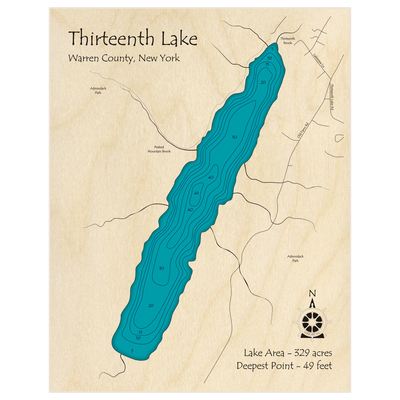 Bathymetric topo map of Thirteenth Lake with roads, towns and depths noted in blue water