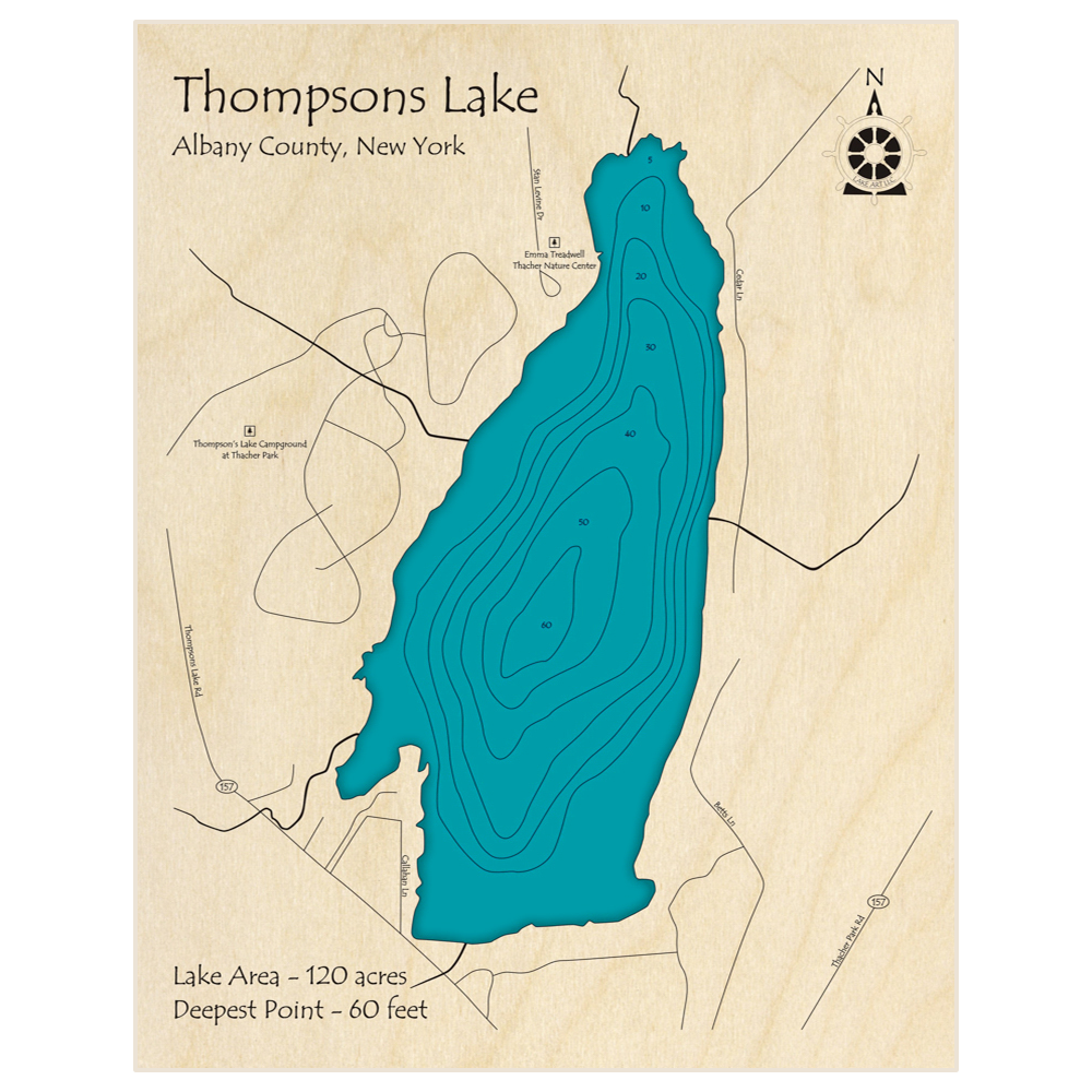 Bathymetric topo map of Thompsons Lake with roads, towns and depths noted in blue water