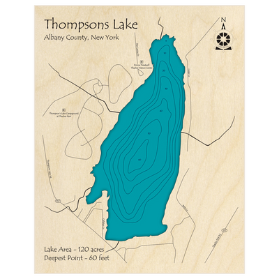 Bathymetric topo map of Thompsons Lake with roads, towns and depths noted in blue water