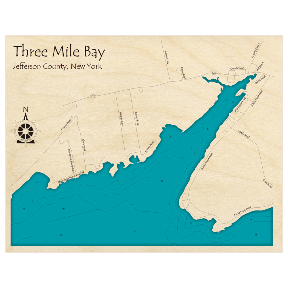 Bathymetric topo map of Three Mile Bay with roads, towns and depths noted in blue water