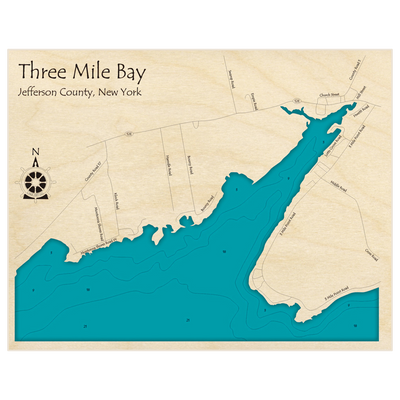 Bathymetric topo map of Three Mile Bay with roads, towns and depths noted in blue water