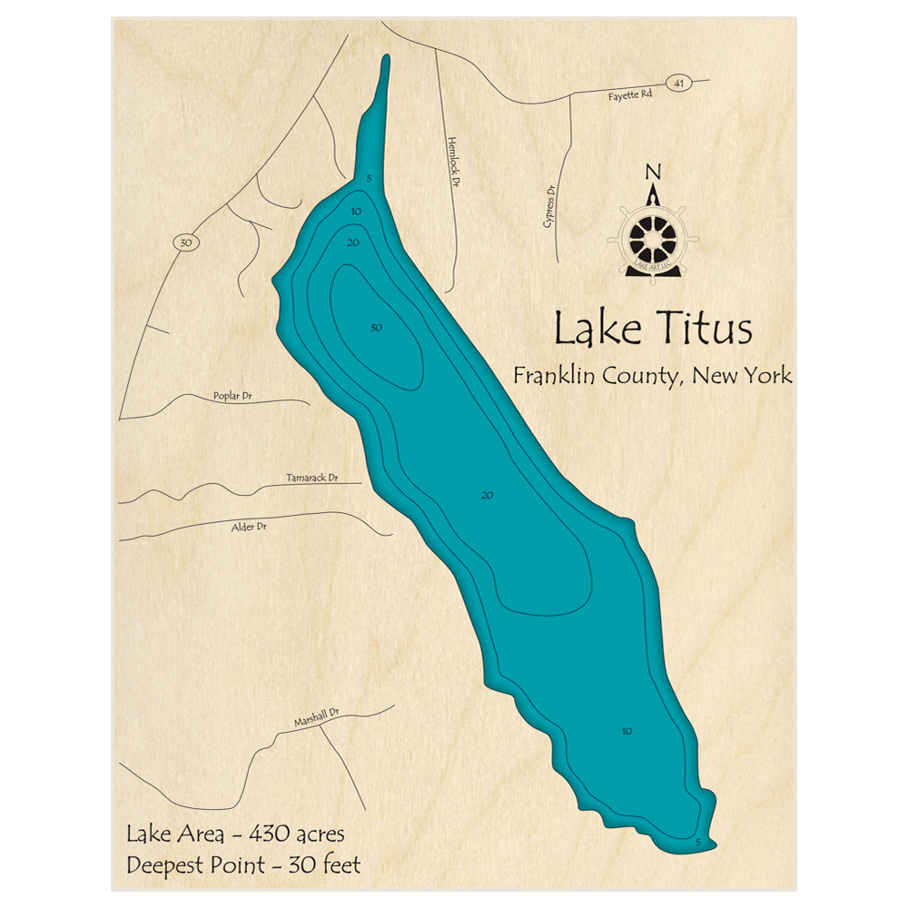 Bathymetric topo map of Lake Titus with roads, towns and depths noted in blue water