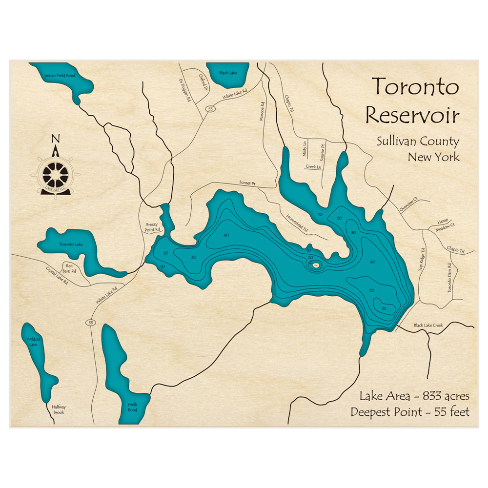 Bathymetric topo map of Toronto Reservoir with roads, towns and depths noted in blue water