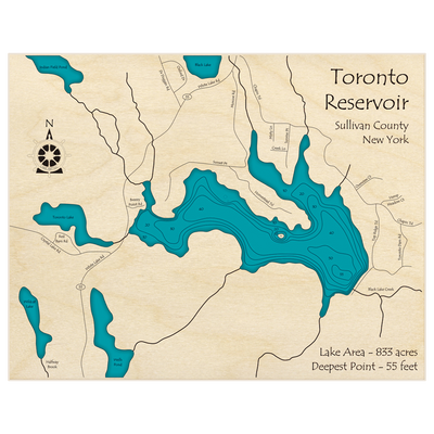 Bathymetric topo map of Toronto Reservoir with roads, towns and depths noted in blue water