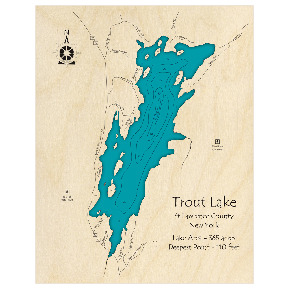 Bathymetric topo map of Trout Lake with roads, towns and depths noted in blue water