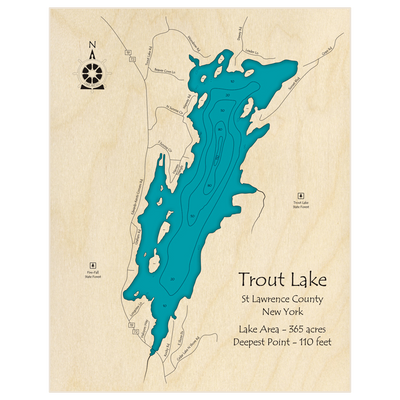 Bathymetric topo map of Trout Lake with roads, towns and depths noted in blue water