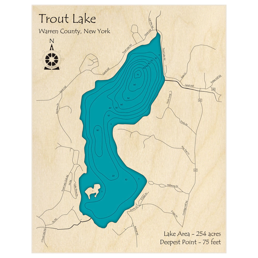 Bathymetric topo map of Trout Lake with roads, towns and depths noted in blue water