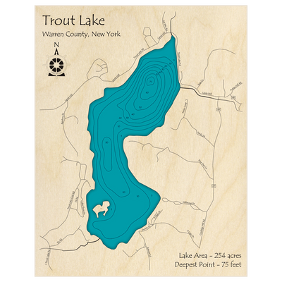 Bathymetric topo map of Trout Lake with roads, towns and depths noted in blue water