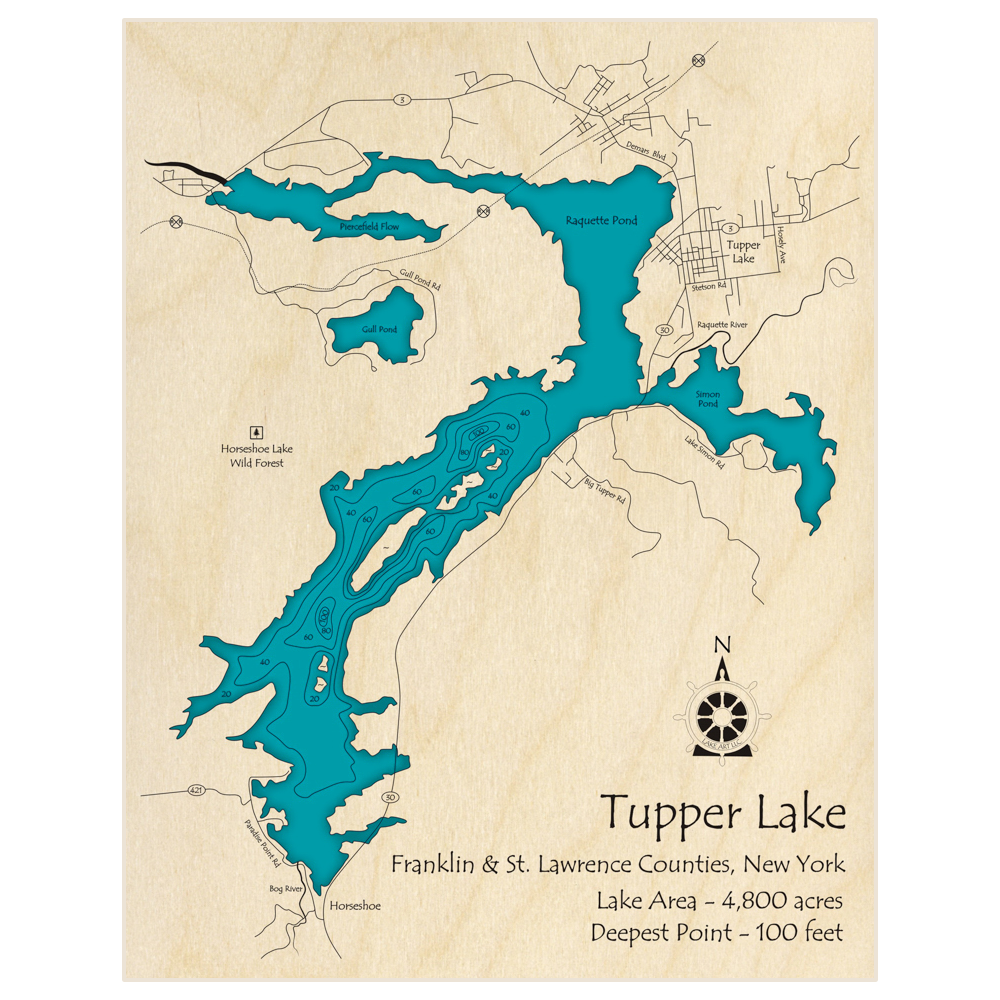 Bathymetric topo map of Tupper Lake with roads, towns and depths noted in blue water