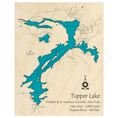 Bathymetric topo map of Tupper Lake with roads, towns and depths noted in blue water